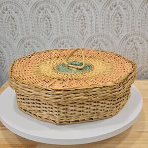 Vintage Large 13"Octagon Wicker Woven Basket & Lid Cottagecore Bohemian 80s Vibe